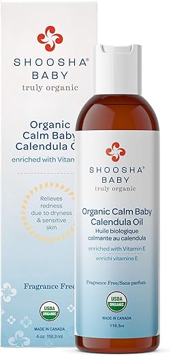 Óleo de Calêndula Orgânico Shoosha Sem Fragrância, para Bebês, Óleo de Calêndula Real, Óleo de Massagem Hidratante de Calêndula, Hipoalergênico, Sem Glúten, 100% Biodegradável