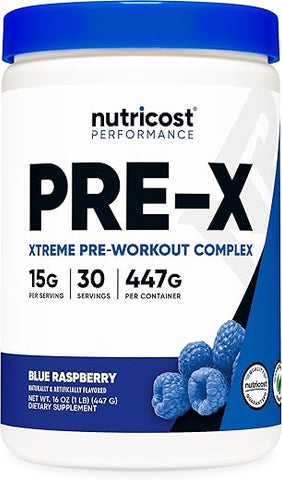 Pre-X Xtreme: Pó Complexo Pré-Treino, Sabor Framboesa Azul, 30 Porções, Vegetariano, Não-OGM e Sem Glúten - Nutricost