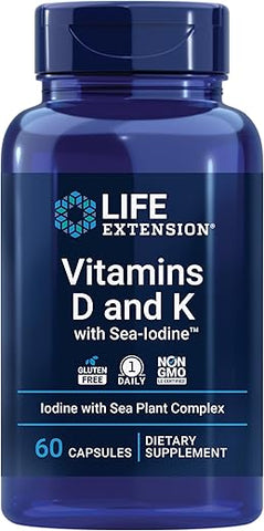Vitaminas D e K da Life Extension com Sea-Iodine, D3, K1 e K2, iodine, suporte à saúde imunológica, óssea, arterial e da tireoide, sem GMO, sem glúten, 60 cápsulas