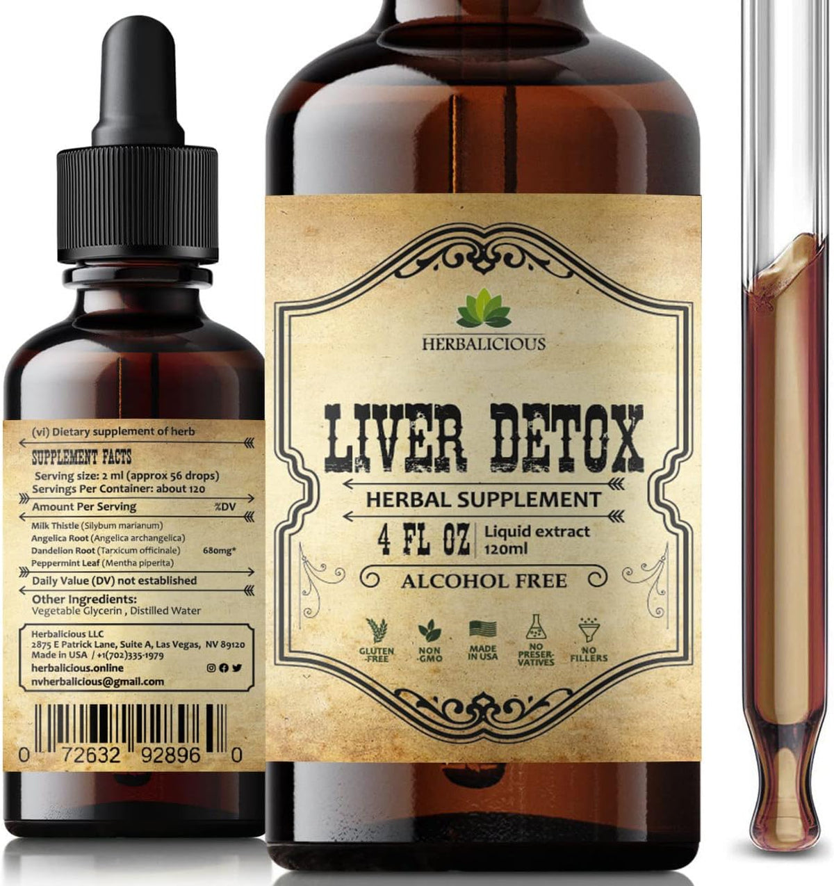 HERBALICIOUS - Suplemento para o Fígado – Suporte Natural ao Fígado em Gotas – Bebida Herbal com Cardo Mariano, Raiz de Angélica, Raiz de Dente-de-leão, Cúrcuma, Hortelã-pimenta – Limpeza e Desintoxicação do Fígado – 120 ml