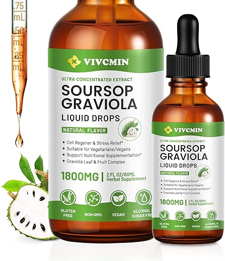 vivcmin - Extrato Líquido de Folha de Graviola Soursop Orgânico – Amargo de Soursop Líquido, Estimulante Imunológico, Relaxante, Fígado e Sono, Vegano, Sem Açúcar