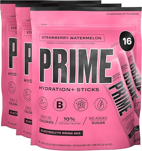Sticks Morango Melancia | Pó Hidratante em Sachês Individuais | Pó de Eletrólitos para Levar | Baixo teor de açúcar | Sem cafeína | Vegano | 48 Sachês - PRIME HYDRATION