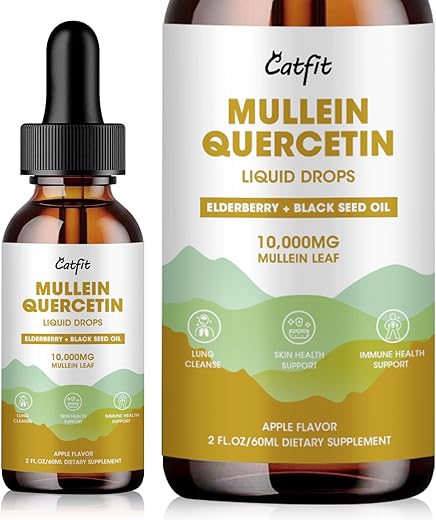 Catfit - Gotas de Mullein para os Pulmões – Extrato Líquido de Folha de Mullein – Limpeza Pulmonar para Fumantes – Poderosa Tintura de Mullein para Suporte à Saúde Imunológica, Respiratória e da Pele – Maçã