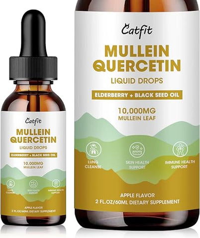Catfit - Gotas de Mullein para os Pulmões – Extrato Líquido de Folha de Mullein – Limpeza Pulmonar para Fumantes – Poderosa Tintura de Mullein para Suporte à Saúde Imunológica, Respiratória e da Pele – Maçã