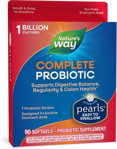 Nature's Way - Nature’s Way Complete Probiotic Pearls – Suporte Digestivo, 1 Bilhão de Culturas Vivas, Suplemento para Homens e Mulheres, Sem Necessidade de Refrigeração, 90 cápsulas (Embalagem Pode Variar)