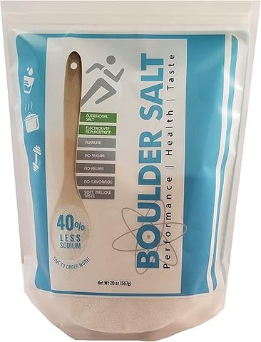 BOULDER SALT PERFORMANCE HEALTH TASTE - BOULDER SALT – Sal com Baixo Teor de Sódio – Sal Sem Sabor para Cãibras, Sal para Pressão Alta, Sal para Síndrome de POTS – Ideal para Alimentos ou Água. 283 Porções