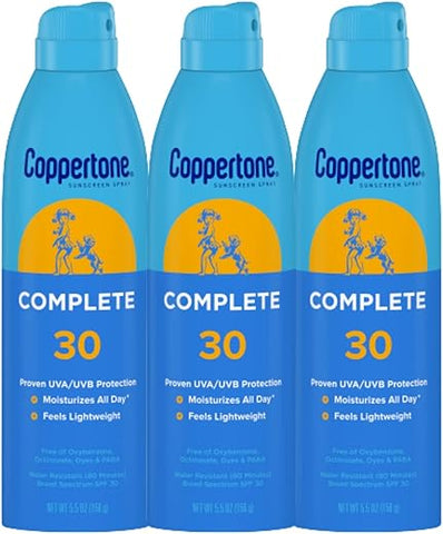 COMPLETE Spray Solar FPS 30, Leve, Hidratante, Embalagem de Protetor Solar em Spray Resistente à Água FPS 30, 165 ml, Pack com 3 Unidades - Coppertone