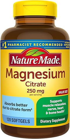 Magnesium Citrate 250 mg – Suporte Muscular, Nervoso, Ósseo e Cardíaco – 120 Softgels, 60 Dias de Fornecimento - Nature Made