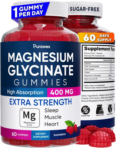 Purawex - Magnésio Glicinato Gomas 400mg, Alta Absorção, Suporte ao Corpo, Energia, Sem Gelatina, Vegano, Não Transgênico, 60 Dias, Óleo de Groselha Negra