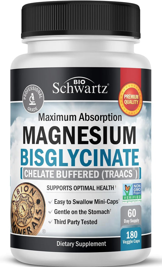BioSchwartz - Magnésio Bisglicinato 100%% Quelato – Máxima Absorção – Sem Efeito Laxativo – Suplemento de Magnésio Totalmente Reagido
