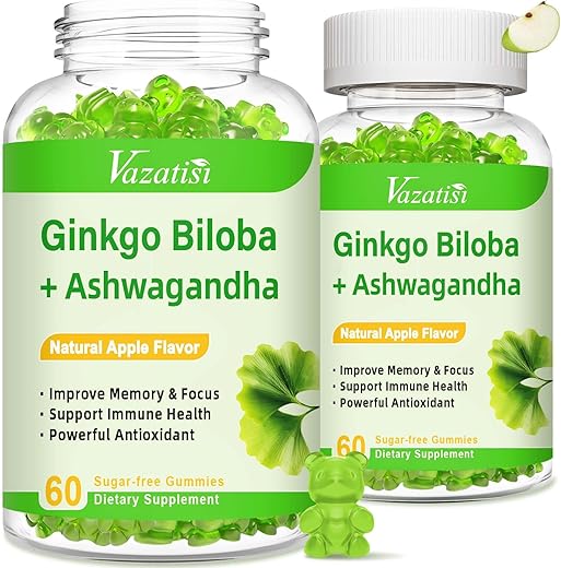 Vazatisi - Gummies de Ginkgo Biloba com Panax Ginseng para Melhorar o Humor e a Concentração, Estimulante Energético Tradicional e Saúde Cerebral, 120 Gummies Veganos de Sabor Maçã