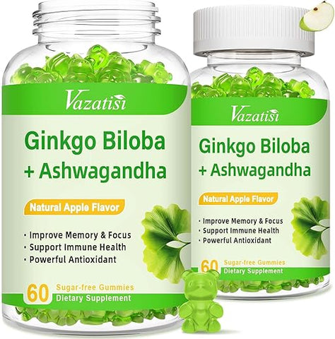 Vazatisi - Gummies de Ginkgo Biloba com Panax Ginseng para Melhorar o Humor e a Concentração, Estimulante Energético Tradicional e Saúde Cerebral, 120 Gummies Veganos de Sabor Maçã