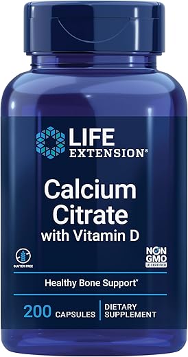 Cálcio Citrato com Vitamina D, Cálcio Super-absorvível para Apoiar a Saúde Óssea Ótima, Sem Glúten, Não-OGM, 200 Cápsulas - Life Extension