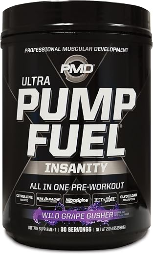 Sports Ultra Pump Fuel Insanity – Bebida Pré-Treino para Energia, Força, Resistência, Recuperação – Carboidratos Complexos e Energia Amino – Sabor Uva Selvagem (30 Porções) - PMD