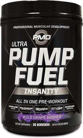 Sports Ultra Pump Fuel Insanity – Bebida Pré-Treino para Energia, Força, Resistência, Recuperação – Carboidratos Complexos e Energia Amino – Sabor Uva Selvagem (30 Porções) - PMD