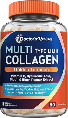 Doctor's Recipes - Multi Colágeno Peptídeos do Doctor’s Recipes com Cúrcuma Dourada, Vitamina C, Biotina e Ácido Hialurônico – 100g