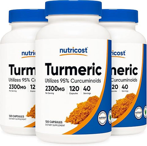 Cápsulas de Cúrcuma Curcumina (3 Pacotes) com BioPerine e 95%% Curcuminoides, 2300mg, 120 Cápsulas, Cápsulas Vegetais, 767mg por Cápsula, 40 Porções, Livre de Glúten, Não-OGM - Nutricost