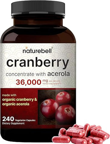 NatureBell - Cranberry Pills 36,000mg com Acerola, 240 Cápsulas Vegetais | Extrato de Cranberry Fresco 100:1 – Ingredientes Orgânicos – Suporte à Saúde do Trato Urinário – Sem Açúcar
