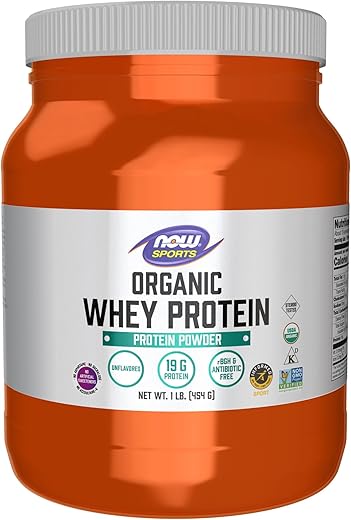 Sports Nutrition: Whey Protein Orgânico Certificado 19g, Pó Sem Sabor, 454g - NOW Foods