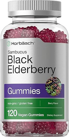 Horbäach - Horbaach Gomas de Sabugueiro Negro | 120 Unidades | Extrato de Sambucus | com Zinco e Vitamina C | Sabor de Frutas Vermelhas | Vegano, Não-OGM e Livre de Glúten | Horbaach