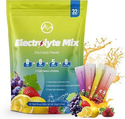 M inch - Pacotes de Pó de Eletrólitos, 32 Sticks de Hidratação Sem Açúcar, 0 Calorias com 5 Vitaminas – Marca do Produto