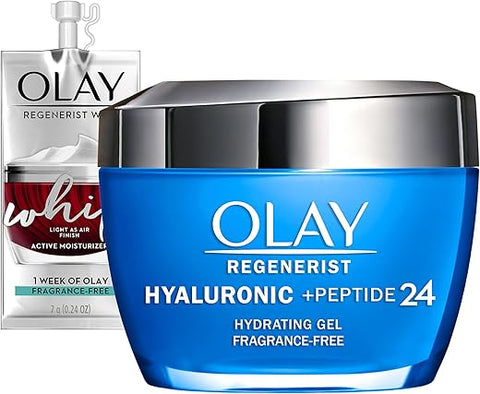 Regenerist Gel Hidratante Facial com Ácido Hialurônico e Peptídeo 24 para Hidratação da Pele o Dia Todo, Sem Fragrância, 50g com Niacinamida, inclui Olay Whip Tamanho Viagem para Pele Seca - Olay