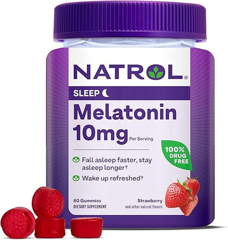 Gomas de Melatonina 10mg, Suporte para Dormir, Suplemento para Dormir, 60 Gomas com Sabor de Morango, 30 Dias de Fornecimento - Natrol