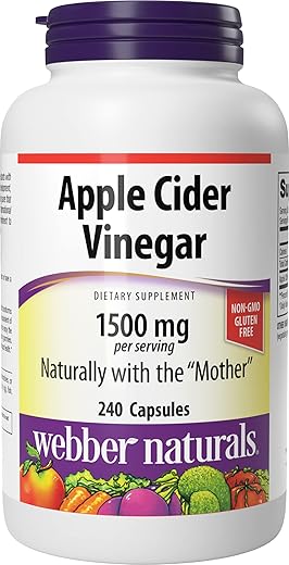 Cápsulas de Vinagre de Maçã com A Mãe, 1.500 mg por Porção, Alta Potência, 240 Cápsulas, Suporte Natural à Digestão, Não-OGM, Sem Glúten, Laticínios - Webber Naturals