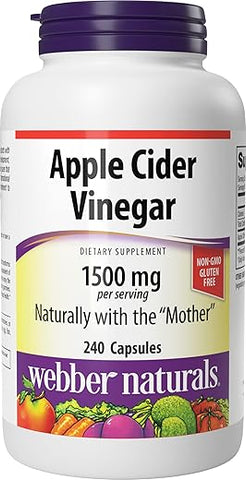 Cápsulas de Vinagre de Maçã com A Mãe, 1.500 mg por Porção, Alta Potência, 240 Cápsulas, Suporte Natural à Digestão, Não-OGM, Sem Glúten, Laticínios - Webber Naturals