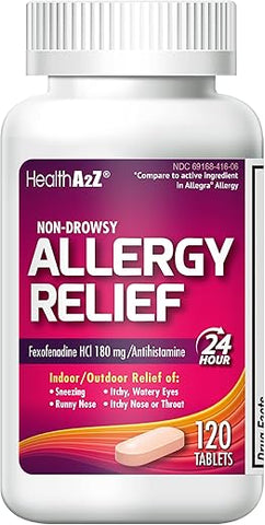 Fexofenadine Hydrochloride 180mg – Alívio de Alergia, Não Sonolento, 24 Horas (120 Comprimidos) - HealthA2Z