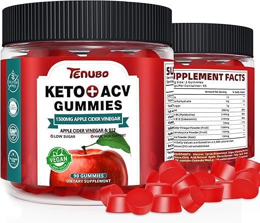 Tenubo - (2 Pacotes) 90 Unidades de Gomas Keto ACV com Fórmula de 1500MG 180 Unidades de Gomas Keto ACV, Suplemento Dietético de Gomas Keto ACV para Mulheres e Homens – Baixo teor de açúcar