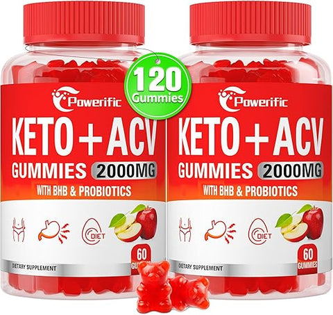 Powerific - Gomas de Vinagre de Maçã, Gomas de ACV Keto com Probióticos – Apple Cider Vinegar Gummies, Keto ACV Gummies com Probióticos