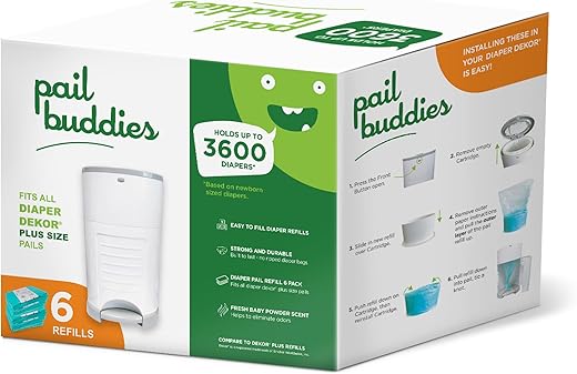 Recargas para Lixeira de Fraldas Pail Buddies | 6 Unidades | Compatíveis com Lixeira de Fraldas Dekor Plus | Refis Duráveis e Perfumados com Cheirinho de Talco para Bebê