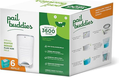 Recargas para Lixeira de Fraldas Pail Buddies | 6 Unidades | Compatíveis com Lixeira de Fraldas Dekor Plus | Refis Duráveis e Perfumados com Cheirinho de Talco para Bebê