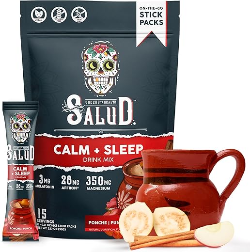 Taste Salud - Salud Ponche 2 em 1 Bebida Calmante para Dormir, Sabor Punch, Melatonina, Magnésio, Extrato de Açafrão, L-Teanina, Não-OGM, Sem Glúten, Vegano, Baixa Caloria, 1g de Açúcar (15 Porções)