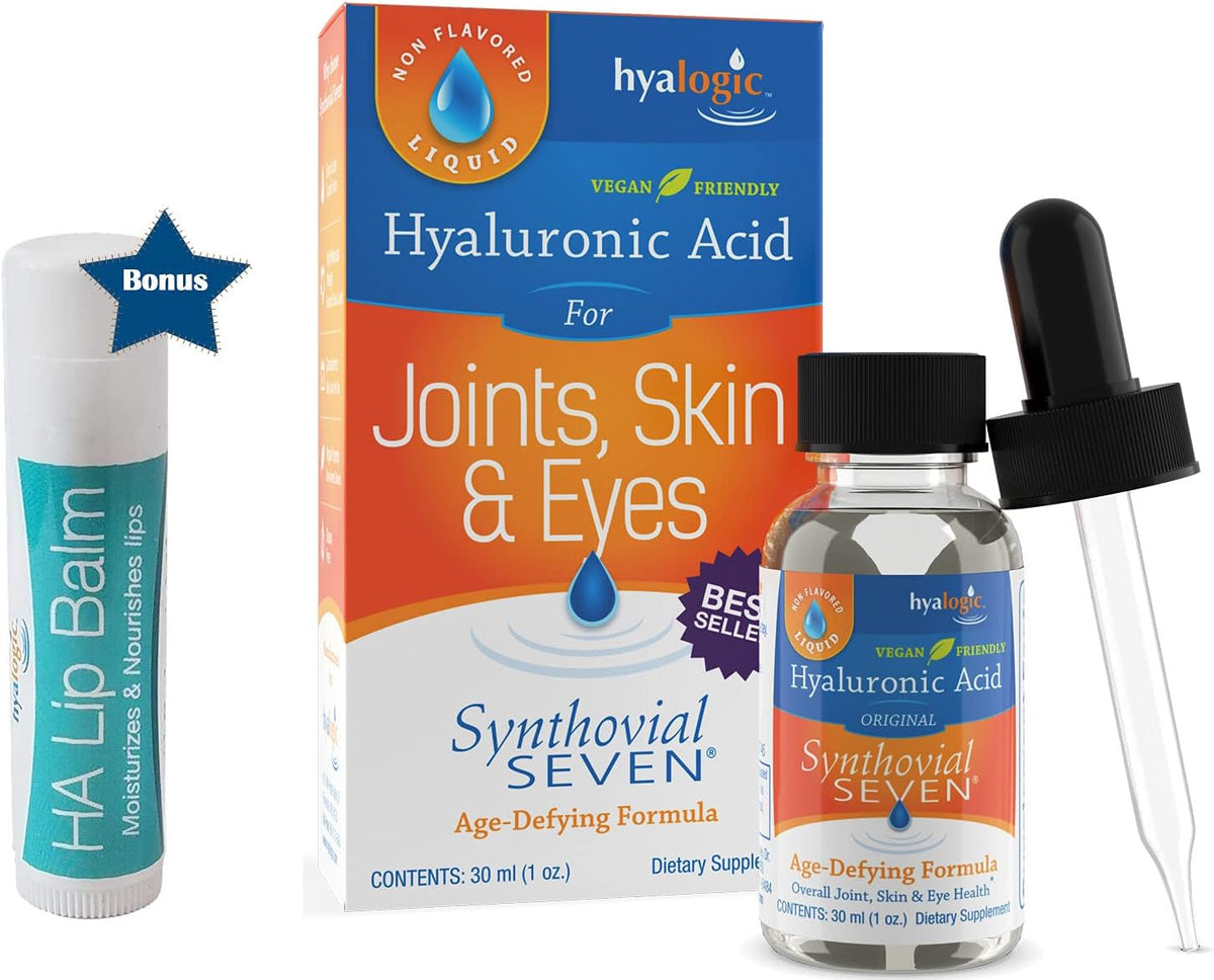 Liquid Synthovial Seven – Suplemento Oral de Ácido Hialurônico 30ml com Bálsamo Labial HA Stick – Hidratação para Pele, Corpo e Lábios - Hyalogic