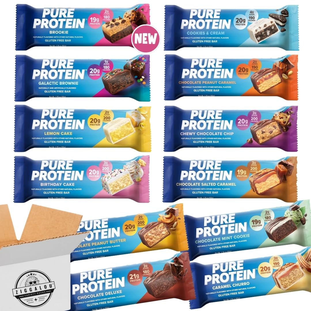 Barra de Proteína Pura, Pack com 12 Sabores Diferentes, (12 Unidades), Sem Glúten, Baixo teor de Açúcar, Pacote Promocional por ZIGGALOU™
