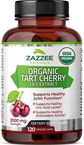 Extrato de Cereja Azeda Orgânica USDA 10:1, 3000 mg, 120 Cápsulas Veganas, 4 Meses de Suprimento, Concentrado 10X Padronizado, 100%% Vegetariano, Certificado Orgânico - Zazzee