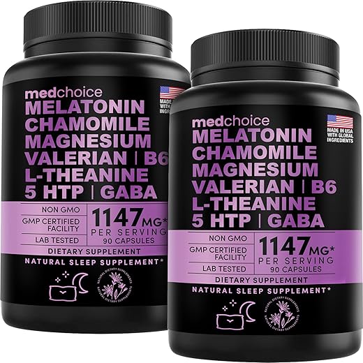MEDCHOICE - 10 em 1 Cápsulas de Melatonina – Auxílio Natural para o Sono de 5mg para Adultos com L Teanina, 5 HTP, GABA, Raiz de Valeriana, Camomila, Vitamina B6, Magnésio para Suporte ao Sono – Sono