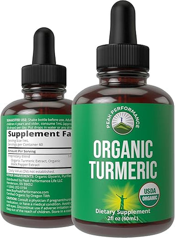 Peak Performance - Curcuma Turmeric com Pimenta Preta Orgânica USDA em Gotas Líquidas Veganas para Mulheres e Homens. Suporte Imunológico e Digestivo. Alta Biodisponibilidade. Tintura Herbal