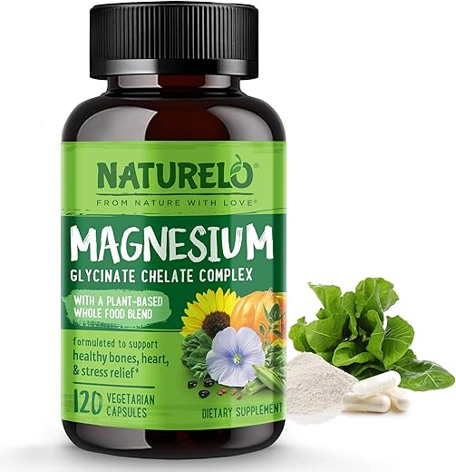 Magnésio Glicinato Quelato Complexo – 200 mg Magnésio com Vegetais Orgânicos para Apoiar o Sono, Calma, Cãibras Musculares - NATURELO
