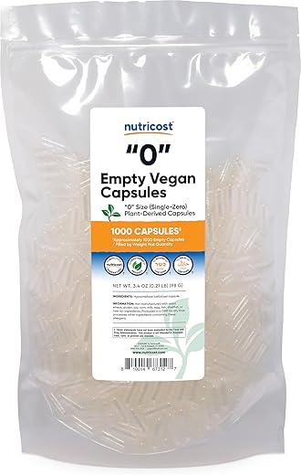 Cápsulas Vazias Tamanho 0 Vegan – 1.000 Cápsulas Vegetais Transparentes – Certificado Kosher, Certificado Halal, Não-OGM, Livre de Soja, Livre de Glúten, Vegetariano - Nutricost