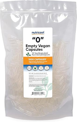 Cápsulas Vazias Tamanho 0 Vegan – 1.000 Cápsulas Vegetais Transparentes – Certificado Kosher, Certificado Halal, Não-OGM, Livre de Soja, Livre de Glúten, Vegetariano - Nutricost