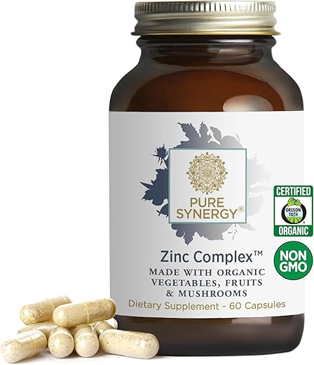 Complexo de Zinco | Suplemento de Suporte Imunológico de Zinco | Complexo de Zinco Natural e Vegano com Vitamina C e Alimentos Integrais Orgânicos | para Saúde Imunológica, Cerebral e da Pele (60 Cápsulas) - PURE SYNERGY