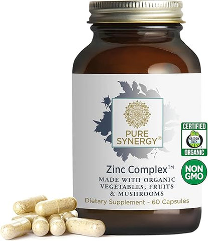 Complexo de Zinco | Suplemento de Suporte Imunológico de Zinco | Complexo de Zinco Natural e Vegano com Vitamina C e Alimentos Integrais Orgânicos | para Saúde Imunológica, Cerebral e da Pele (60 Cápsulas) - PURE SYNERGY
