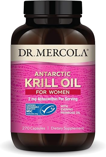 Óleo de Krill Dr. Mercola para Mulheres, 90 Porções (270 Cápsulas), 2 mg de Astaxantina por Porção, com Óleo de Prímula, Suplemento Alimentar, Suporte Hormonal, Não-OGM, Certificado MSC