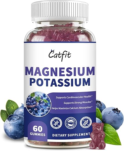 Catfit - Gomas de Suplemento de Potássio e Magnésio, Glicinato de Magnésio 500mg, Gluconato de Potássio 99mg, Complexo Triplo de Magnésio 1700mg, Cálcio, Zinco, Vitamina D3 para Cãibras nas Pernas, Sono, Imunidade