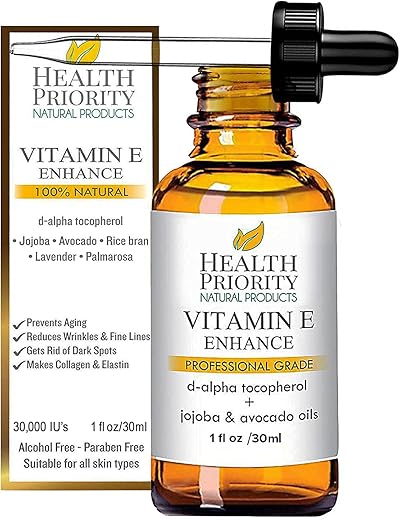 Health Priority Natural Products - Óleo de Vitamina E Orgânico Health Priority para a Pele – 100% Natural e Hidratante | 30ml