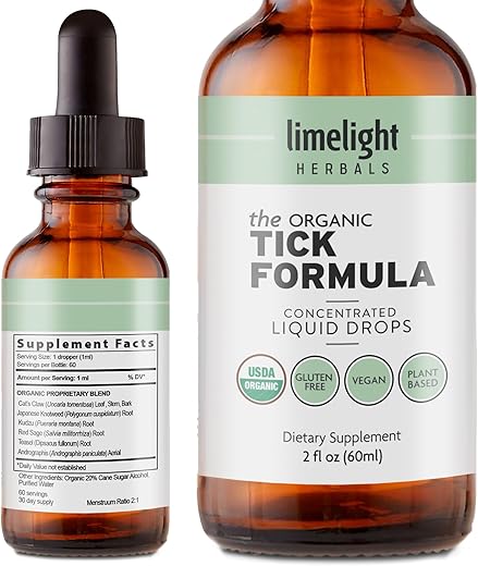 Fórmula Orgânica para Carrapatos: Suporte ao Sistema Imunológico – Tintura Herbal Concentrada com Unha de Gato, Andrographis, Erva-de-São-João - LIMELIGHT HERBALS