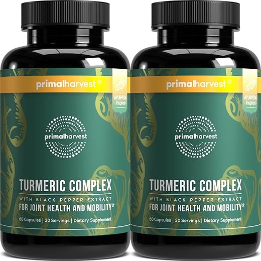 2 Pack: Complexo de Cúrcuma Primal com Extrato de Pimenta Preta, Suporte para Articulações e Mobilidade Feminina – 60 cápsulas - Primal Harvest